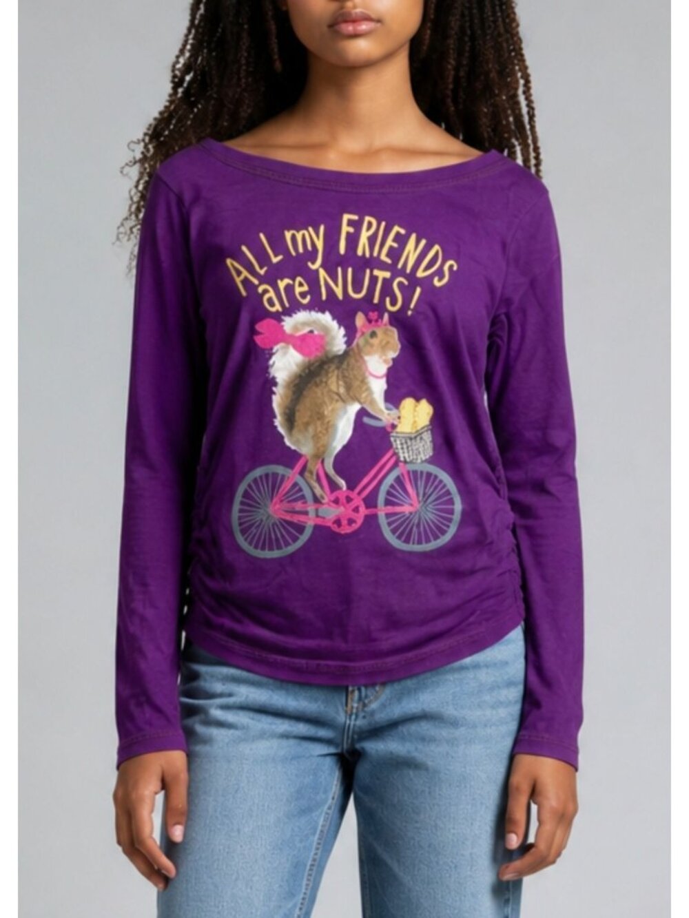 Hanes Girls Purple Long Sleeve Graphic Tee "All My Friends Are Nuts!" Squirrel P